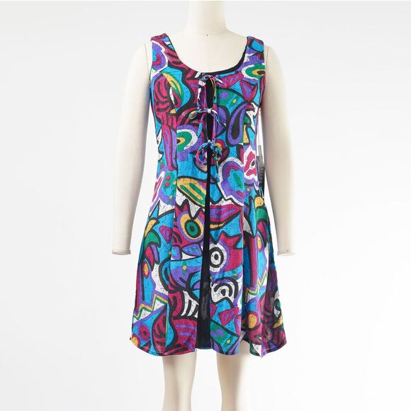 Vintage Dresses & Skirts - Vintage 90s Abstract Print Sleeveless Tie Front Layered Look Dress Deadstock M
